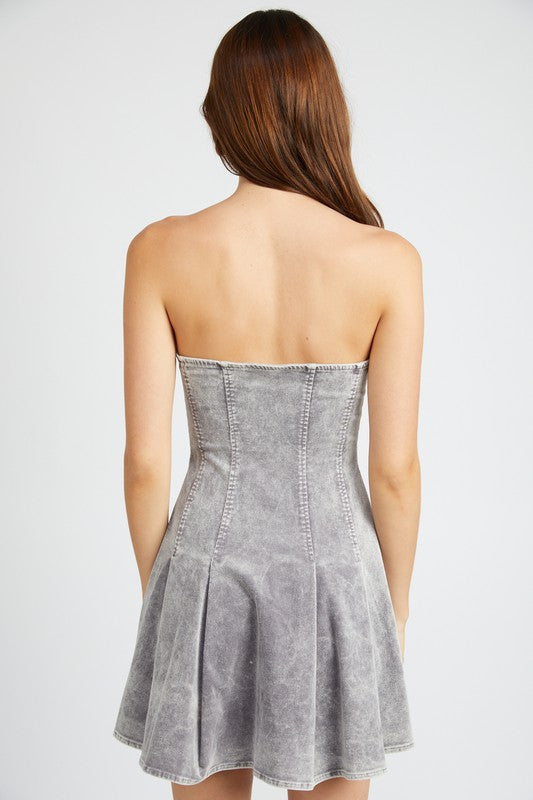 PLEATED DENIM STRAPLESS MINI DRESS