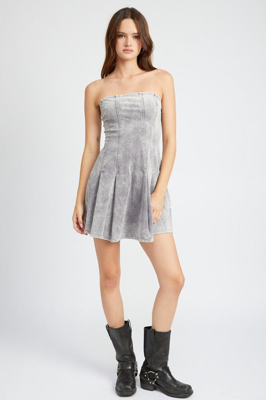 PLEATED DENIM STRAPLESS MINI DRESS