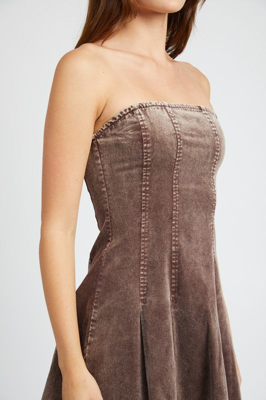 PLEATED DENIM STRAPLESS MINI DRESS