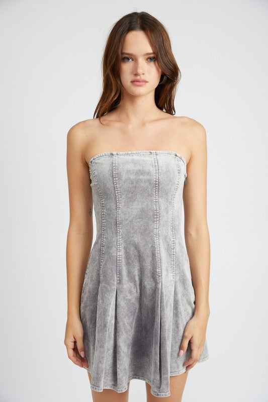 PLEATED DENIM STRAPLESS MINI DRESS
